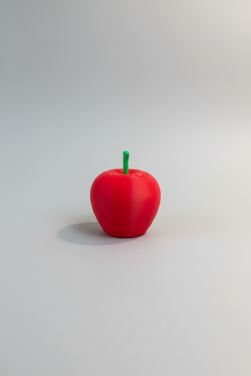 Apple Pass-Through Fidget — a red apple-shaped pass-through fidget toy with a green stem, on a soft light-gray studio background.
