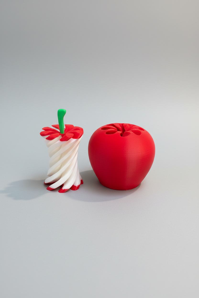 Apple Pass-Through Fidget — the red apple-shaped fidget with a green stem, shown from a second angle, on a soft light-gray studio background.