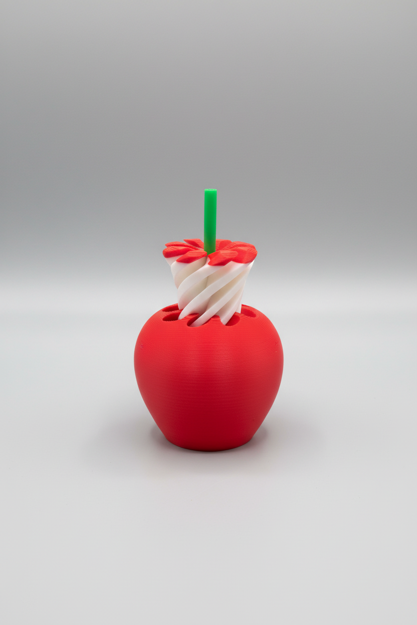 Apple Pass-Through Fidget — the red apple-shaped fidget with a green stem, shown from a third angle, on a soft light-gray studio background.