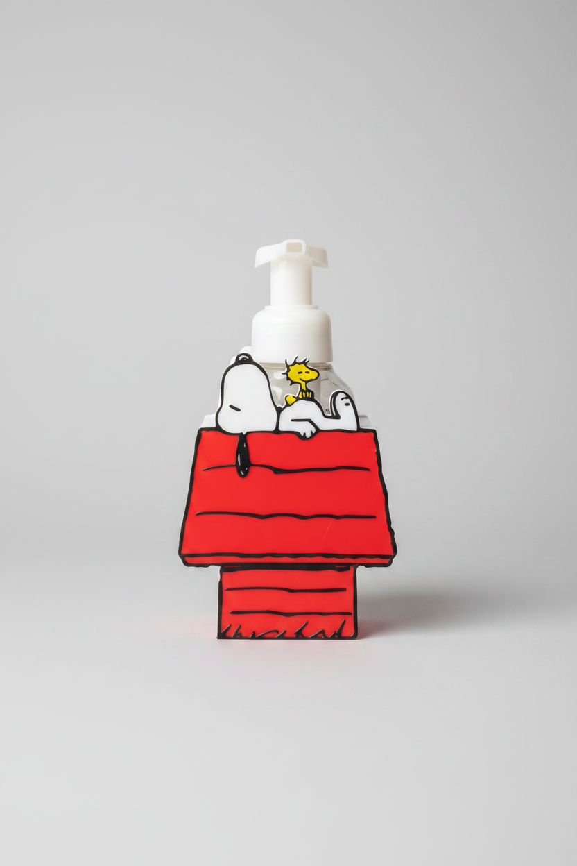 Beagle & Doghouse Soap Dispenser Holder — a red doghouse-shaped holder with a white roof, sized for a foaming soap bottle, on a soft light-gray studio background.