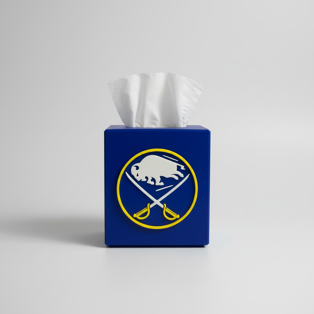 Blue & Gold Hockey Tissue Box Cover — a blue square tissue box cover with a raised front emblem, tissue drawn through the top, on a soft light-gray studio background.