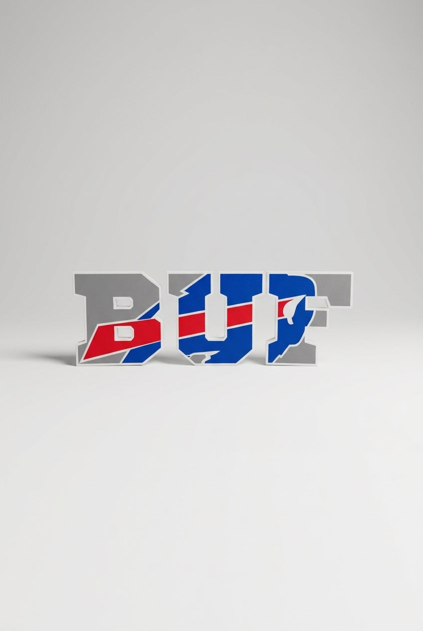 Buffalo Football Varsity Letter Sign — three free-standing layered pieces in blue, red and gray, on a soft light-gray studio background.