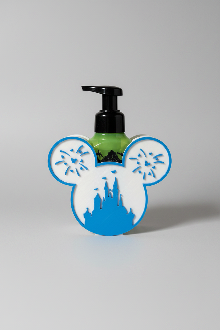 Castle & Mouse Head Soap Dispenser Holder — a blue and white rounded holder with two ear shapes and a raised silhouette panel, holding a green bottle, on a soft light-gray studio background.