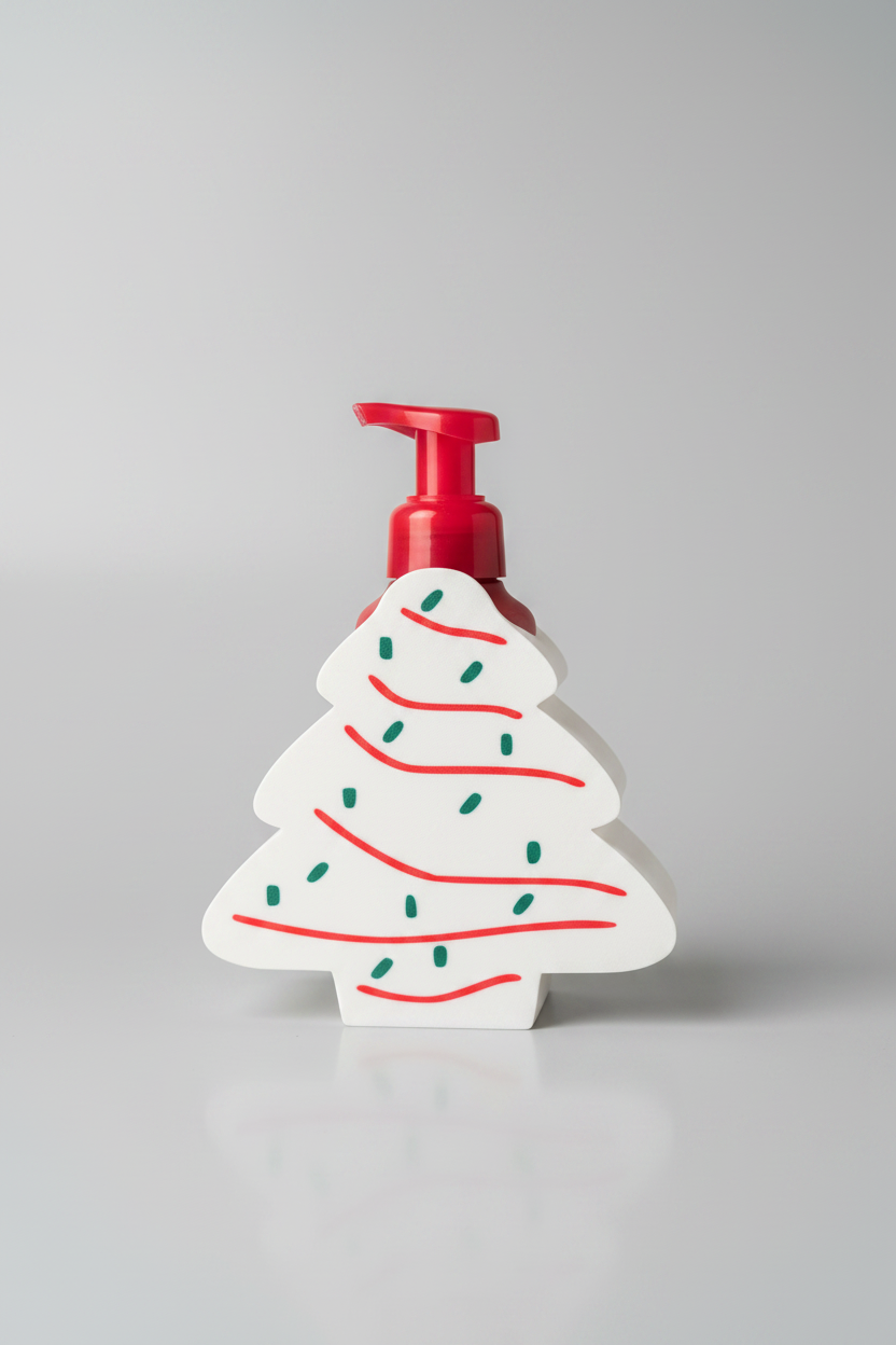 Christmas Tree Cake Soap Dispenser Holder — a Christmas tree-shaped white holder with red stripes and green dots, on a soft light-gray studio background.