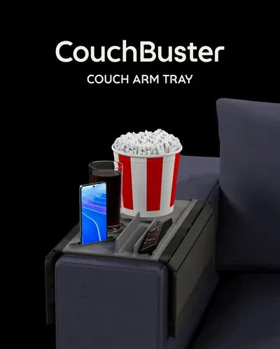 Couch Buster — Modular Sofa Side Table — product title card for the Couch Buster couch arm tray on a black background.