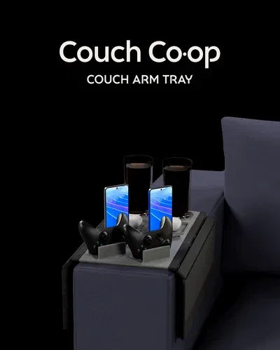 Couch Co-Op — Modular Sofa Side Table — product title card for the Couch Co-Op couch arm tray on a black background.