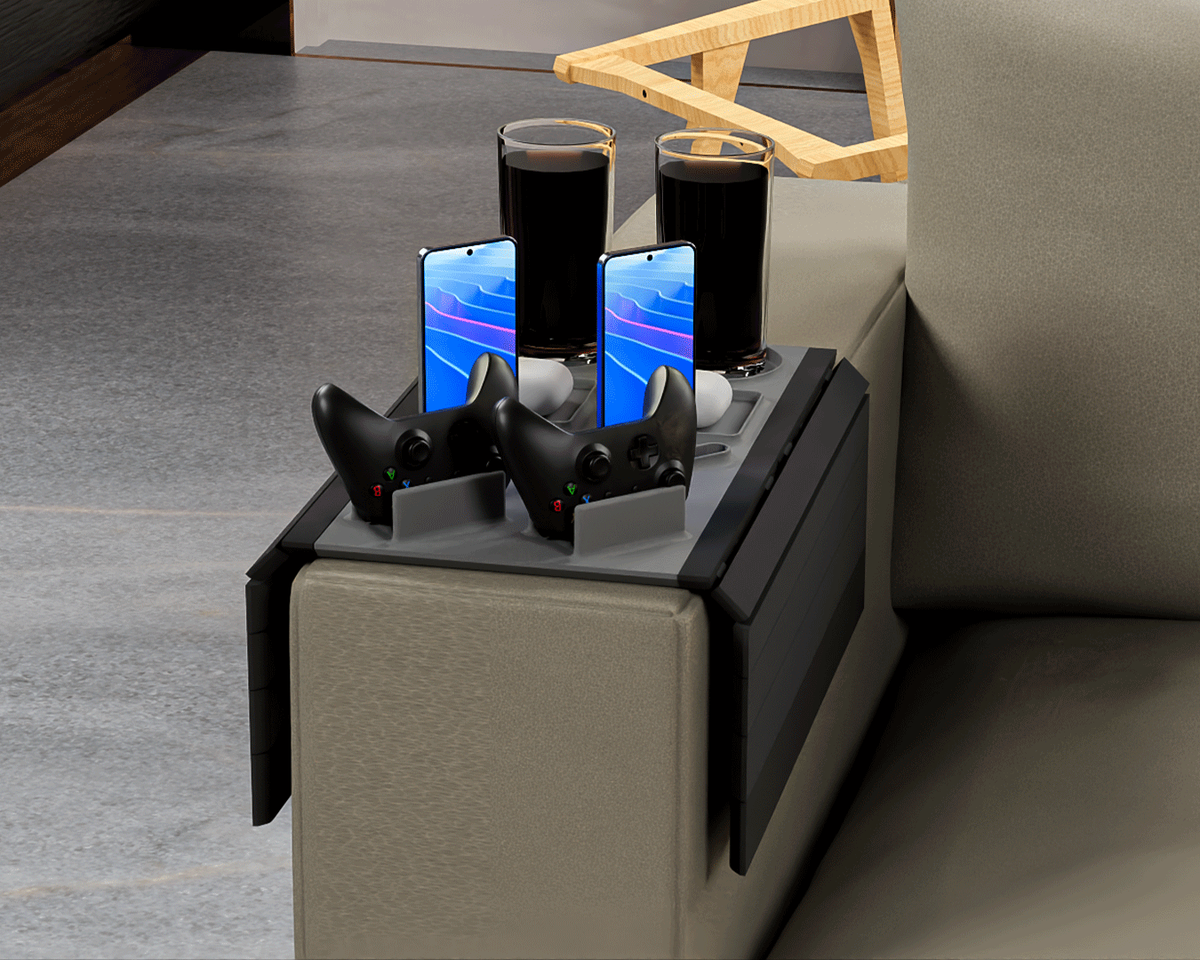 Couch Co-Op — Modular Sofa Side Table — the tray holding two drinks, two upright phones and two games controllers.