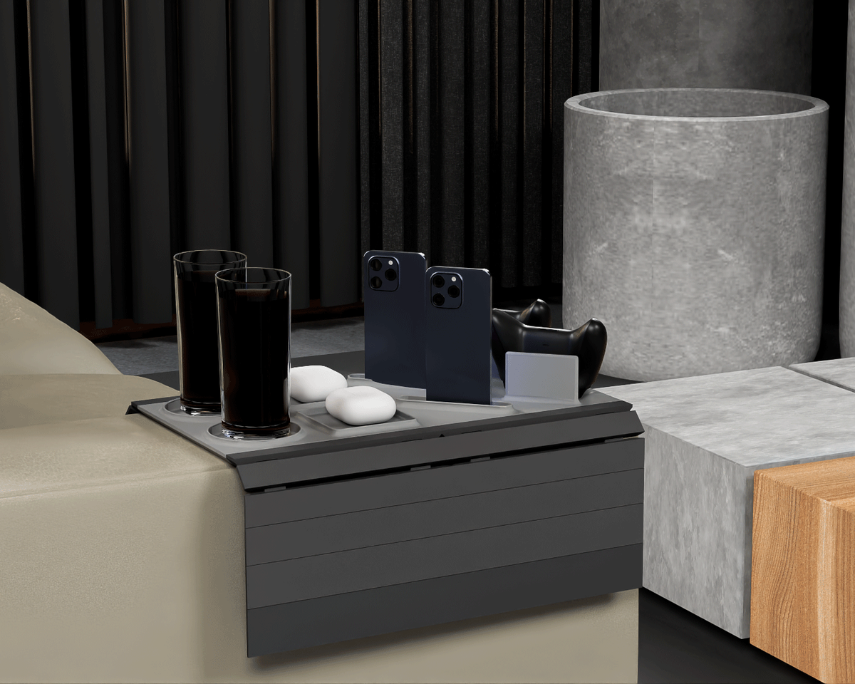 Couch Co-Op — Modular Sofa Side Table — the tray seen from the front, with two drinks, two phones, earbuds and a controller.