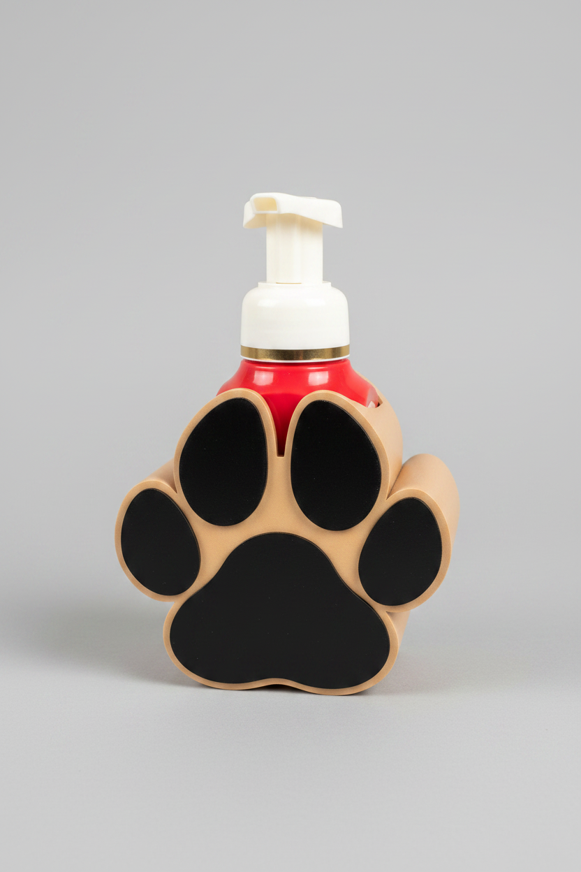 Dog Paw Soap Dispenser Holder (Tan) — a novelty soap dispenser shaped like a dog paw print with a tan and black design, red bottle body, and white pump dispenser, on a soft light-gray studio background.