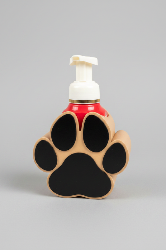 Dog Paw Soap Dispenser Holder (Tan) — a novelty soap dispenser shaped like a dog paw print with a tan and black design, red bottle body, and white pump dispenser, on a soft light-gray studio background.