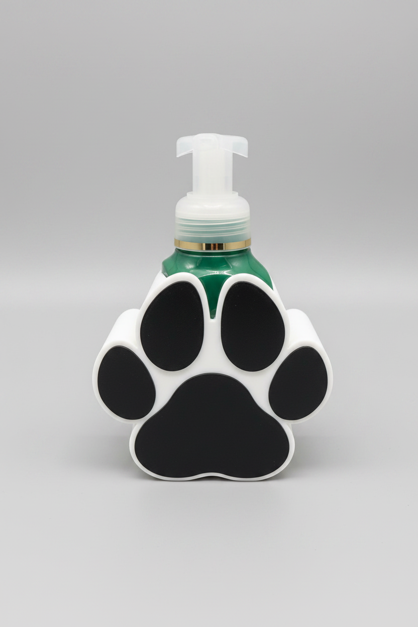 Dog Paw Soap Dispenser Holder (White) — a foam dispenser shaped like a black and white paw print, with a green bottle and a white pump dispenser, on a soft light-gray studio background.