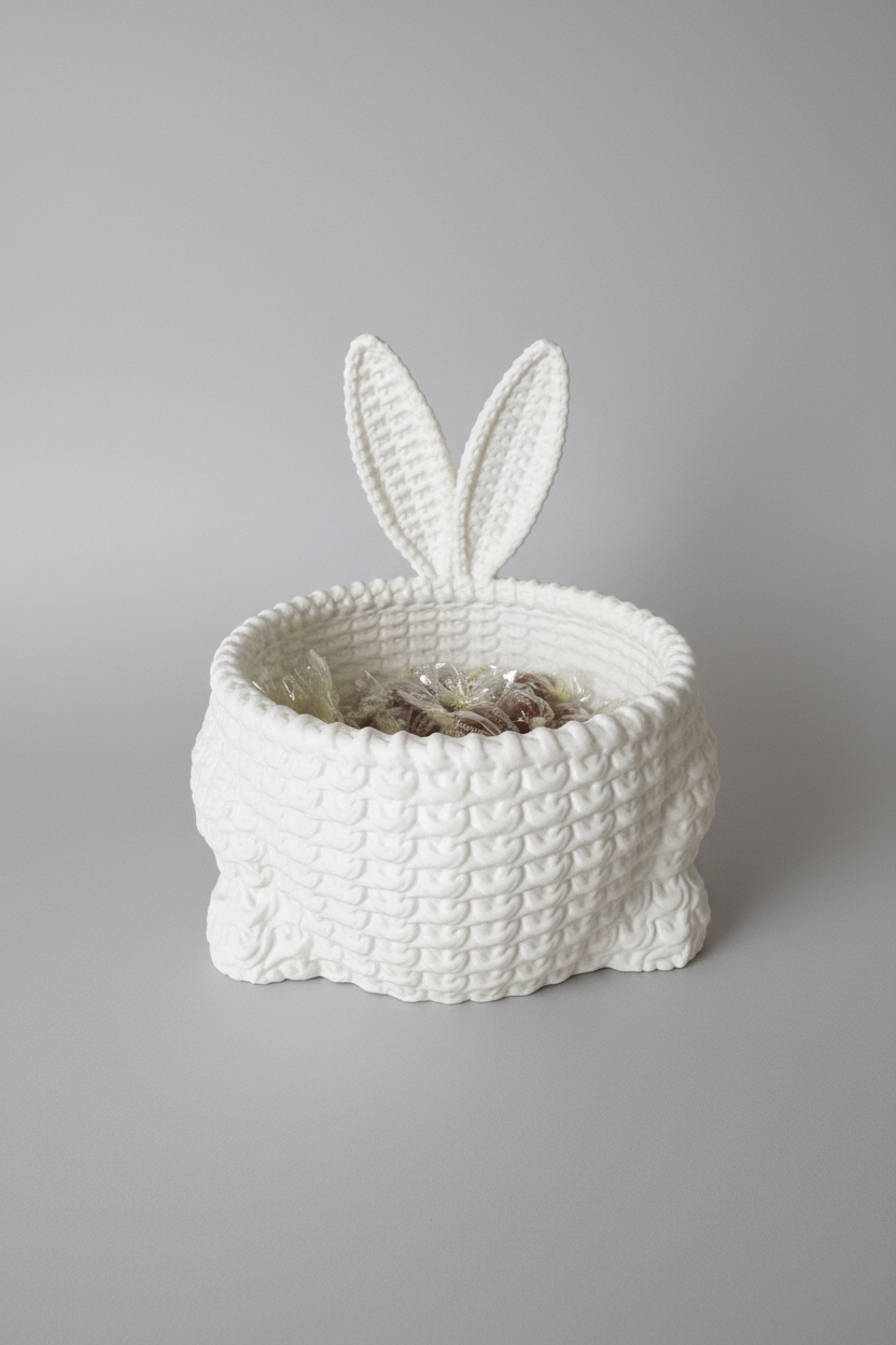 Easter Bunny Bowl — a white crocheted bunny-shaped candy basket with upright ears, filled with individually wrapped candies, on a soft light-gray studio background.