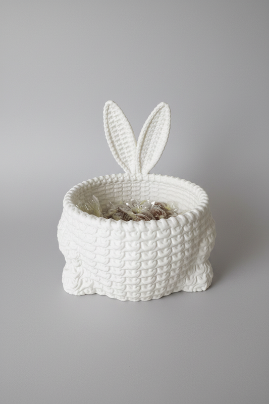 Easter Bunny Bowl — a white crocheted bunny-shaped candy basket with upright ears, filled with individually wrapped candies, on a soft light-gray studio background.