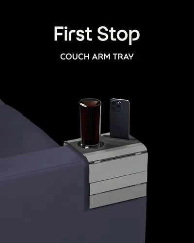 First Stop — Modular Sofa Side Table — product title card for the First Stop couch arm tray on a black background.