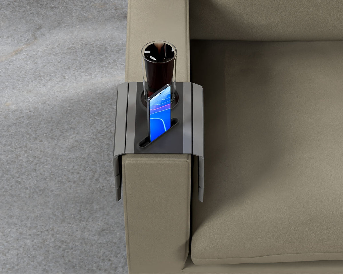 First Stop — Modular Sofa Side Table — the tray clipped over a sofa arm with a drink and an upright phone.