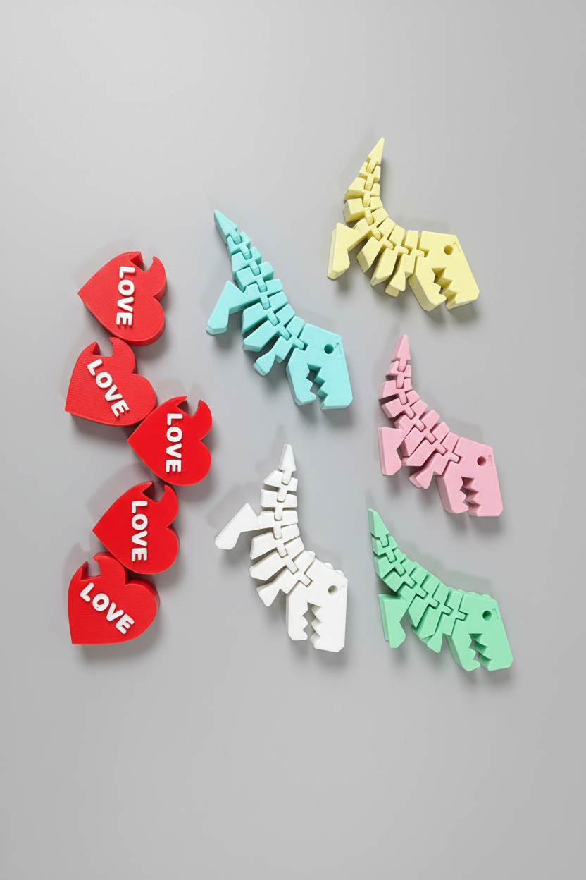 Flexi Dino Valentines — the five articulated dinosaurs and their red LOVE heart tags, shown from a second angle, on a soft light-gray studio background.