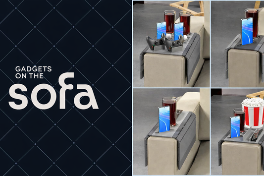 Gadgets on the Sofa — Modular Add-Ons — a brand panel with four small photos of the modular couch arm tray add-on pieces.