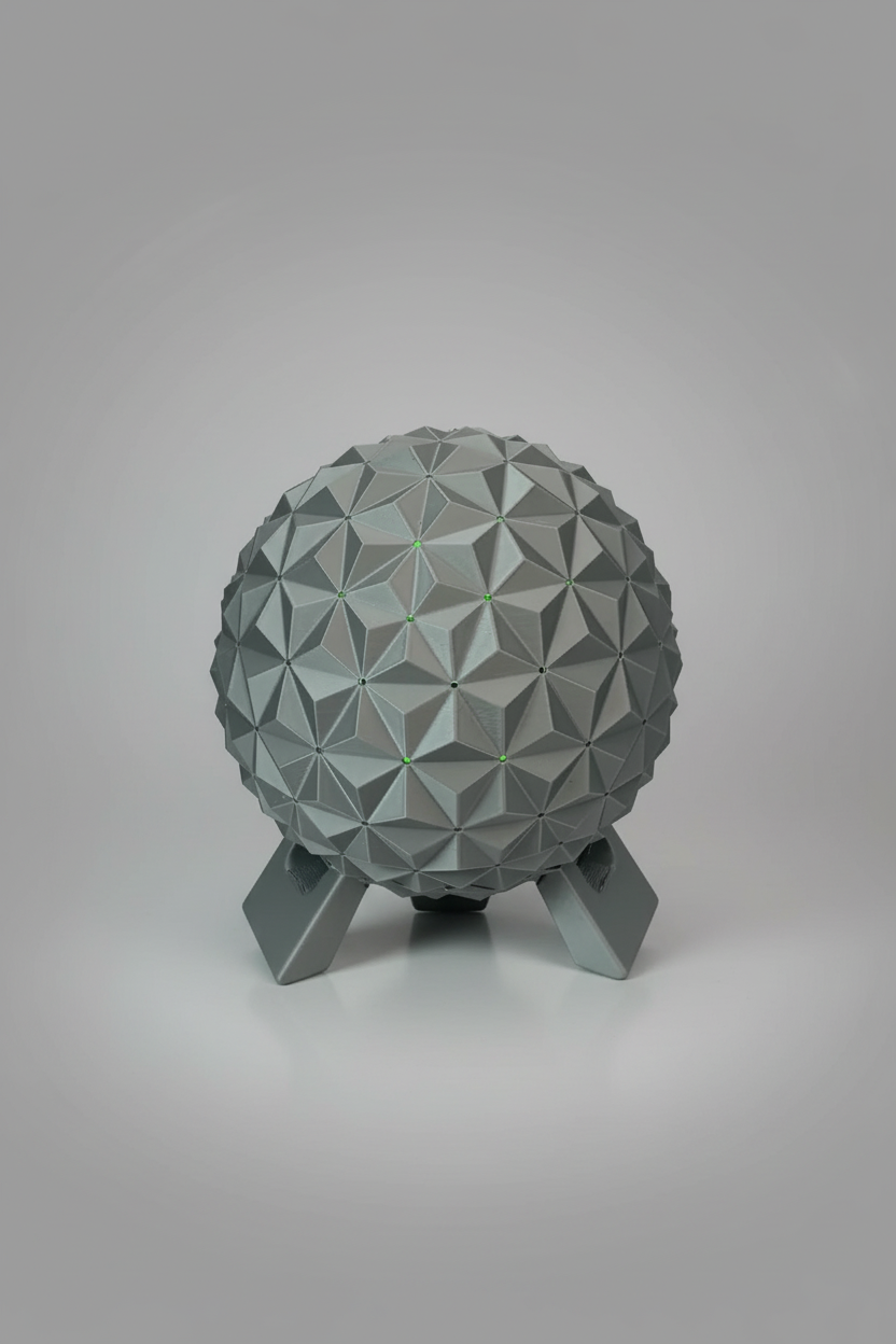 Geodesic Sphere Lamp with RGB Lights — a gray 3D-printed geodesic sphere lamp on a matching geometric stand, on a soft light-gray studio background.