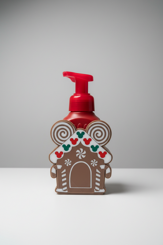 Gingerbread House Soap Dispenser Holder — a festive gingerbread house shaped soap dispenser with a red pump, on a soft light-gray studio background.