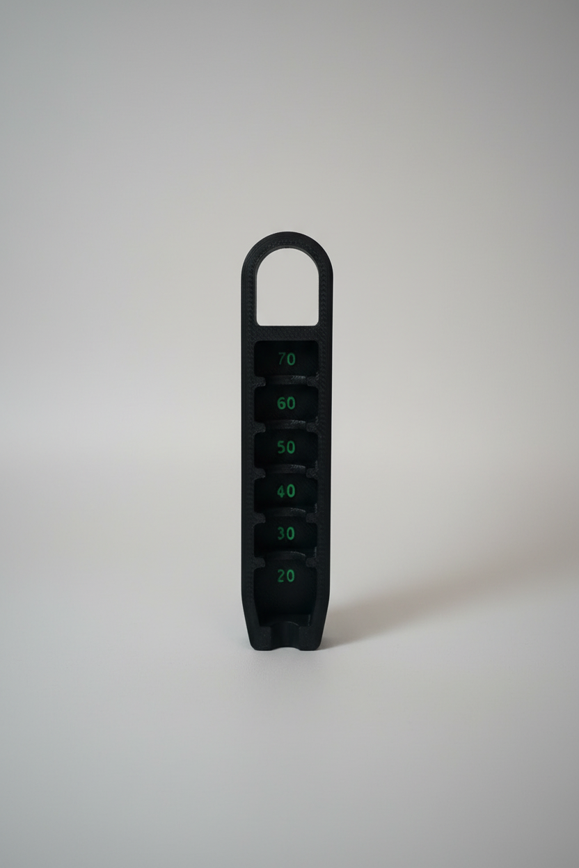 Golf Tee Height Gauge — black plastic weight plate-style inserts with green printed numbers from 70 to 20, standing upright, on a soft light-gray studio background.