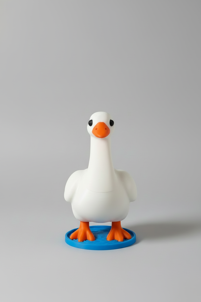 Goose Soap Dispenser Holder — a white goose-shaped holder with an orange beak and feet on a blue round base, on a soft light-gray studio background.