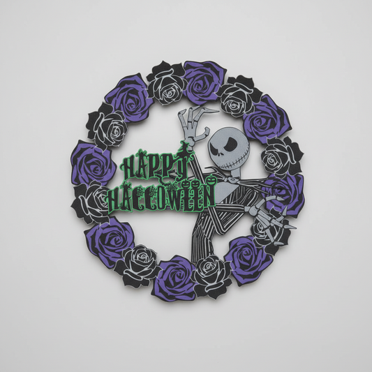 Gothic Rose Skeleton Wreath — a circular wreath of layered black and purple roses around a central figure, with raised lettering across the front, on a soft light-gray studio background.