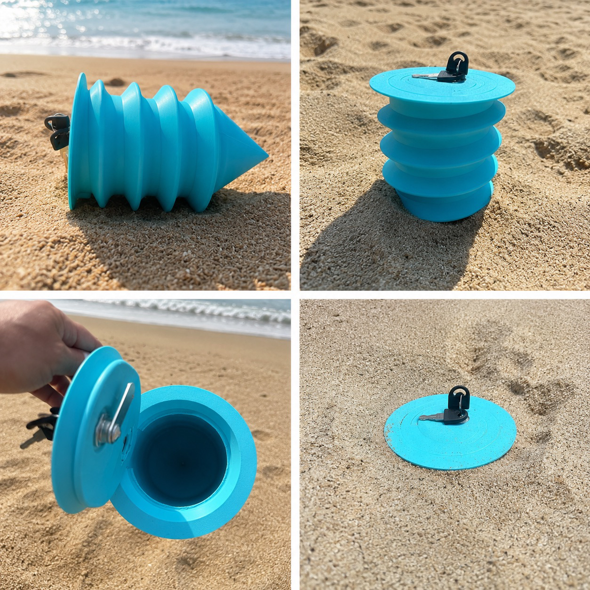 Hidden Beach Safe — four views of a turquoise screw-in beach safe: closed and part-buried in sand, the lid with its key loop, the open interior compartment, and the lid sitting flush with the sand.