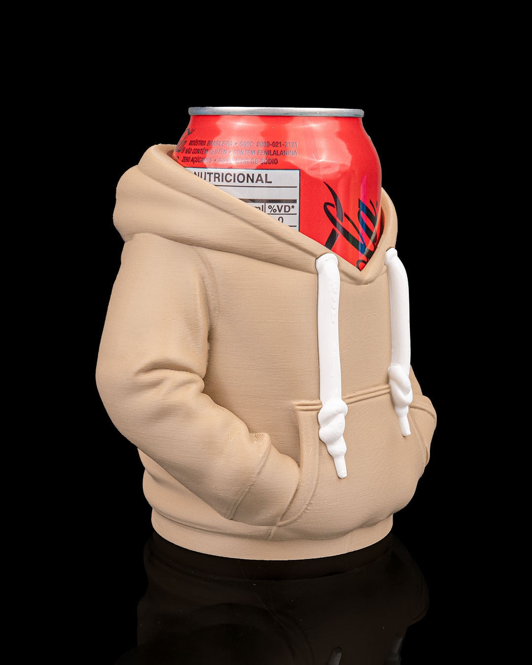 Hoodie Can Holder — three-quarter view showing the sleeve and pocket detail, with a can inside.