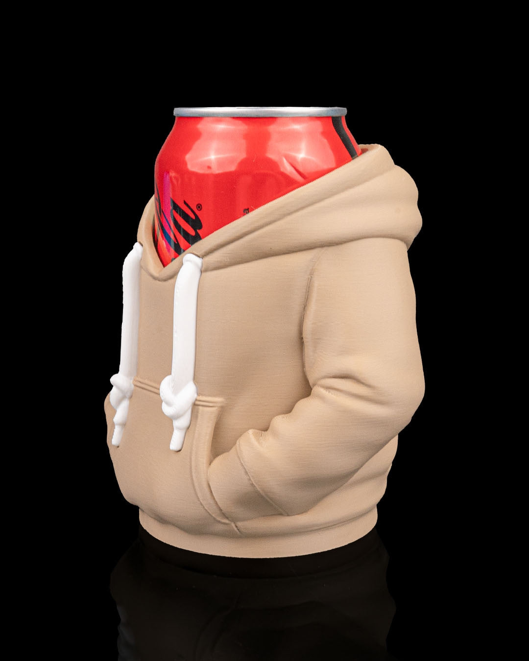 Hoodie Can Holder — opposite three-quarter view, the can visible above the hood opening.