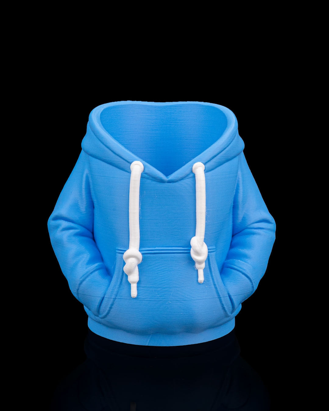 Hoodie Can Holder — the same holder printed in bright blue, shown empty.