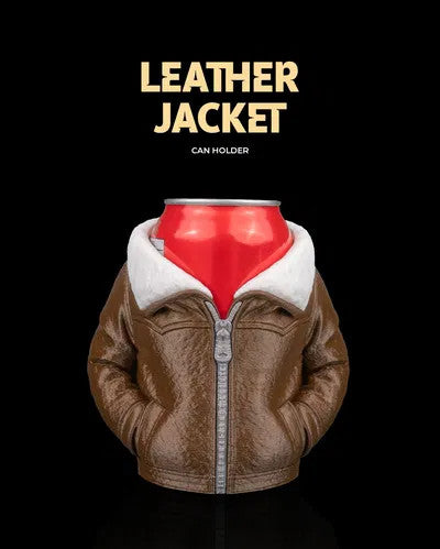 Leather Jacket Can Holder — a brown bomber jacket shaped can sleeve with a white shearling collar and silver zipper, holding a red soda can.