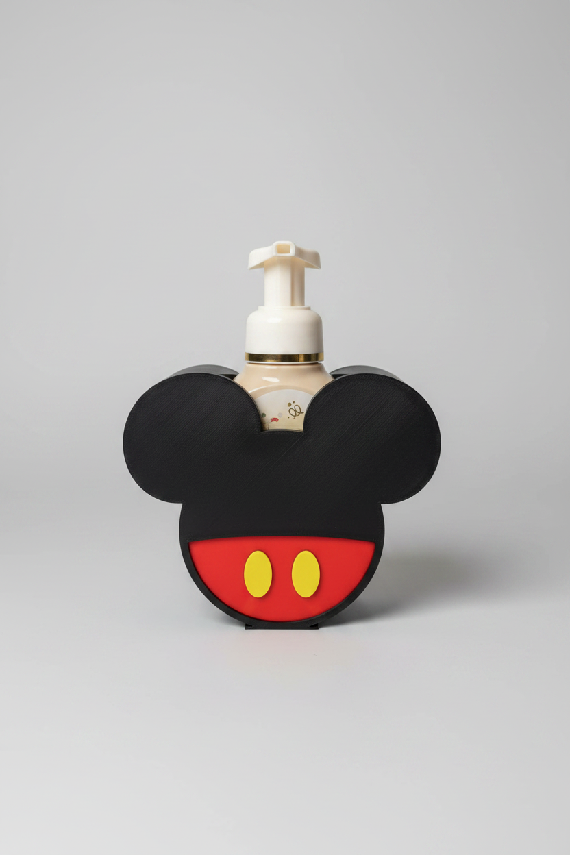 Mouse Head Soap Dispenser Holder — a black mouse-head-shaped soap dispenser holder cradling a pump bottle, on a soft light-gray studio background.