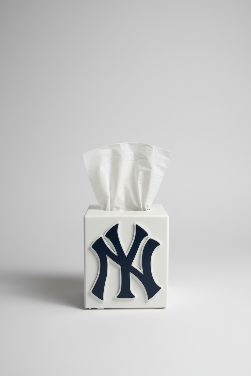 New York Tissue Box Cover — a white square tissue box cover with a raised navy monogram, tissue drawn through the top, on a soft light-gray studio background.