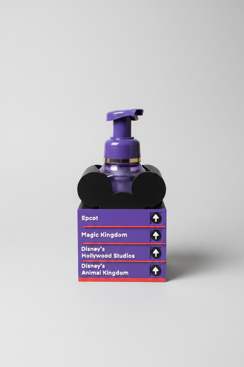 Park Street Sign Soap Dispenser Holder — a purple layered directional sign holder with four arrow panels and a rounded eared top piece, on a soft light-gray studio background.