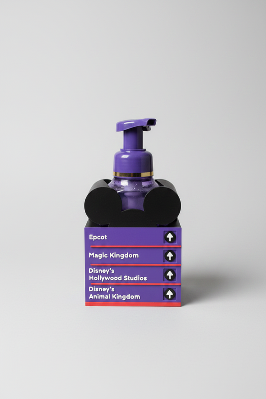 Park Street Sign Soap Dispenser Holder — a purple layered directional sign holder with four arrow panels and a rounded eared top piece, on a soft light-gray studio background.
