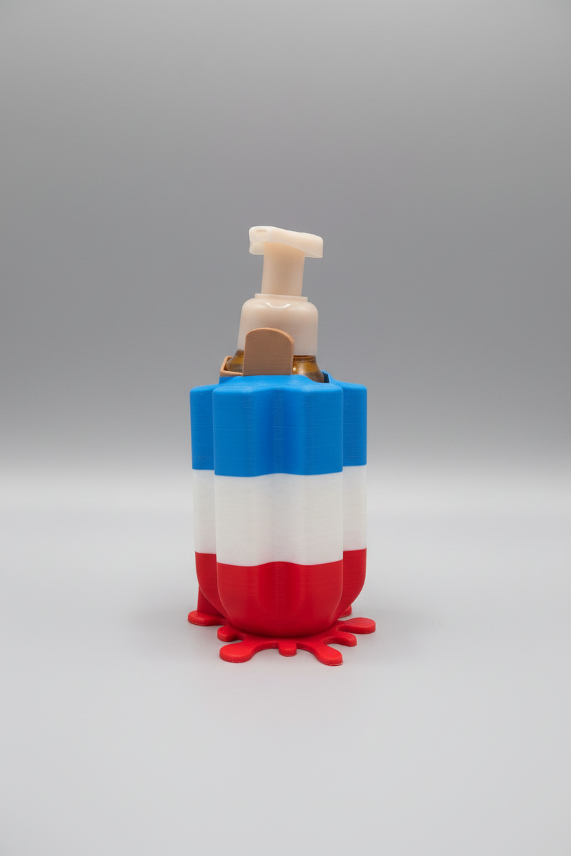 Patriotic Popsicle Soap Dispenser Holder — a red, white and blue striped popsicle-shaped holder with a red drip base, on a soft light-gray studio background.