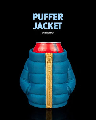 Puffer Jacket Can Holder — a teal quilted puffer jacket shaped can sleeve with a gold zipper, holding a red soda can.