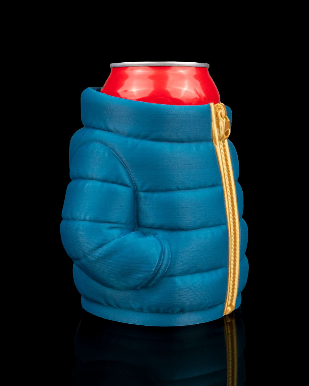 Puffer Jacket Can Holder — three-quarter view of the teal quilted can sleeve showing the gold zipper and side pocket.