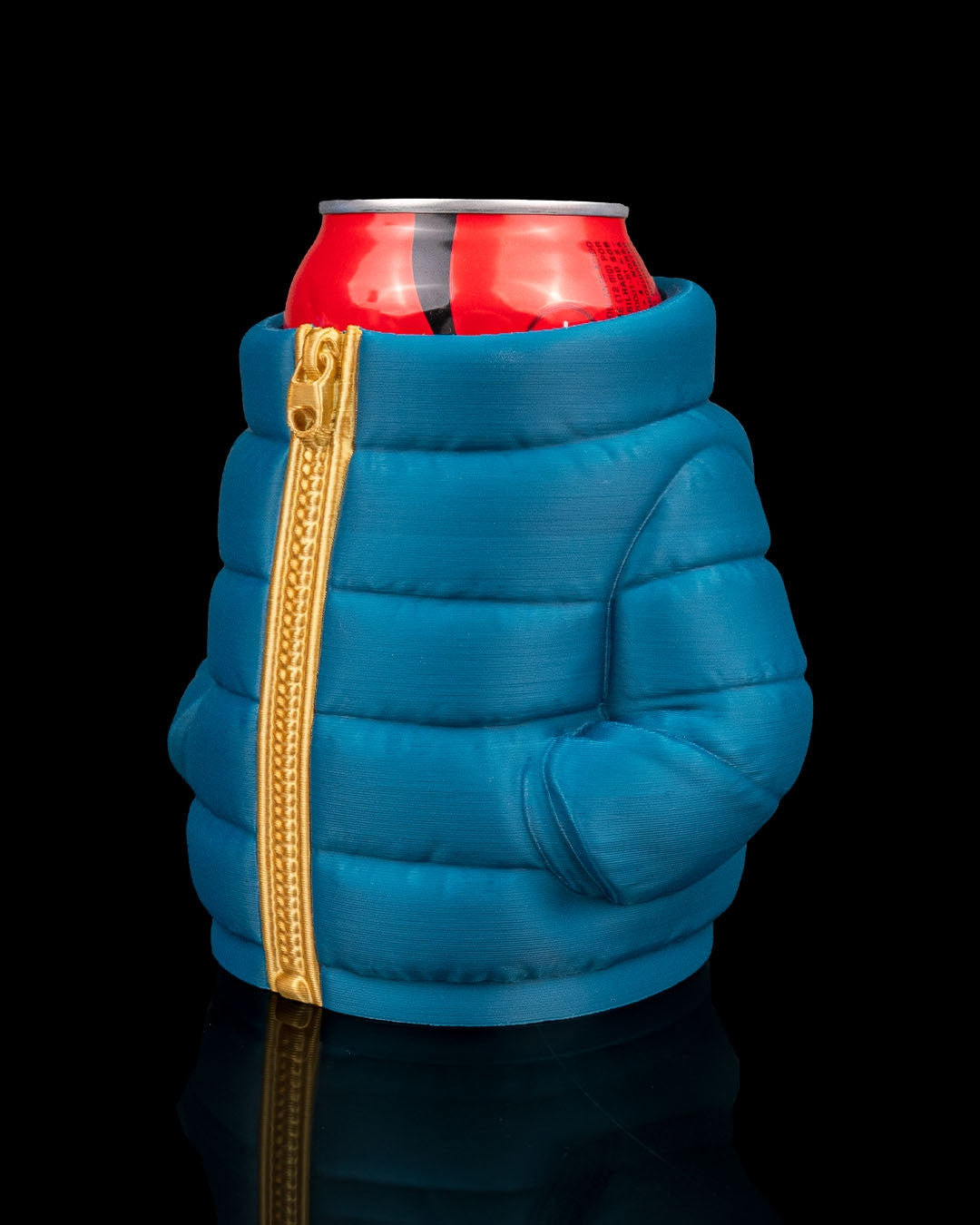 Puffer Jacket Can Holder — angled view of the teal puffer can sleeve with the collar folded open around a red can.