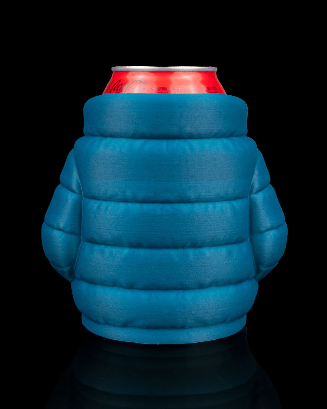 Puffer Jacket Can Holder — rear view of the teal quilted can sleeve showing the smooth back panels and sleeves.