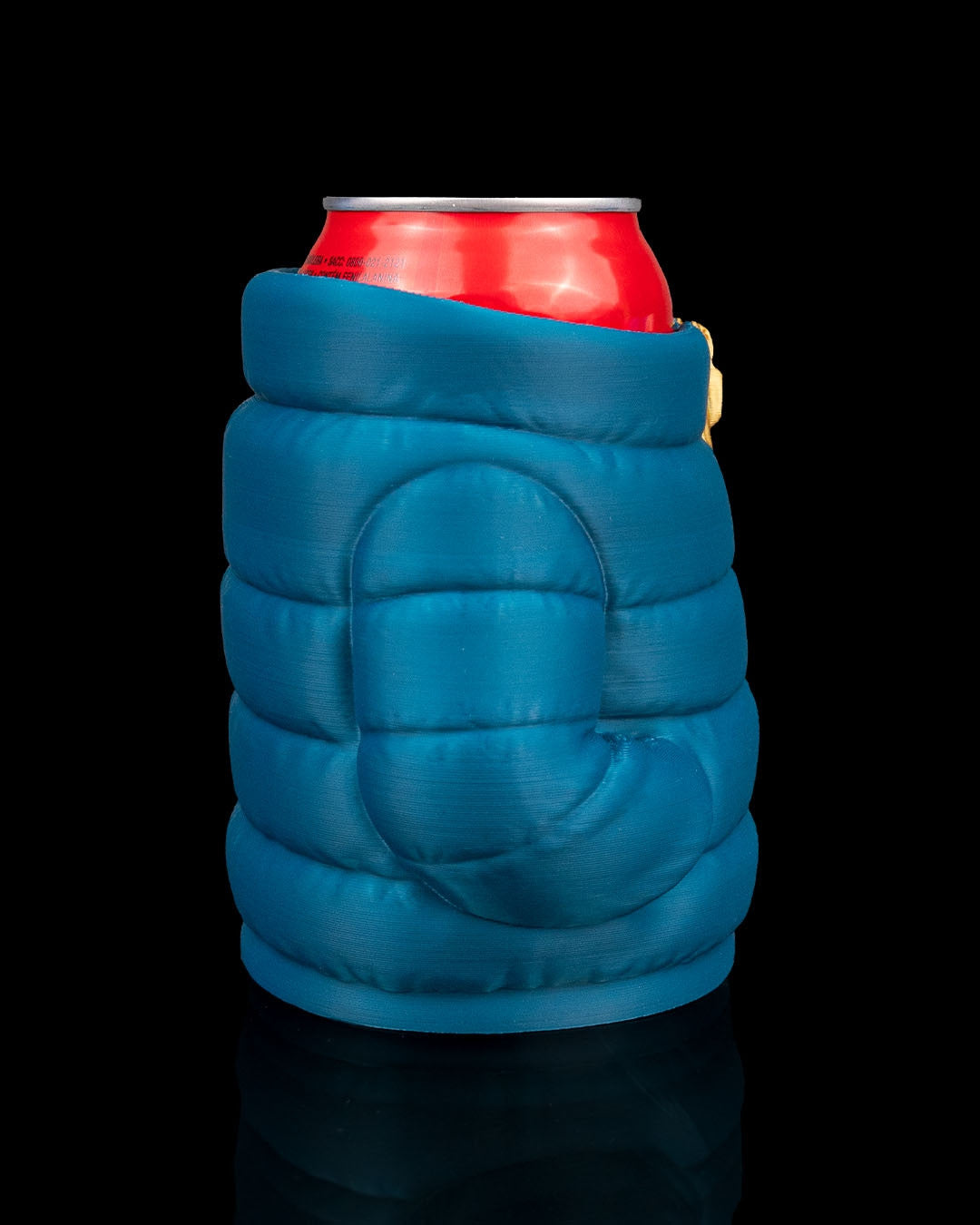 Puffer Jacket Can Holder — side view of the teal puffer can sleeve with a red can seated inside.