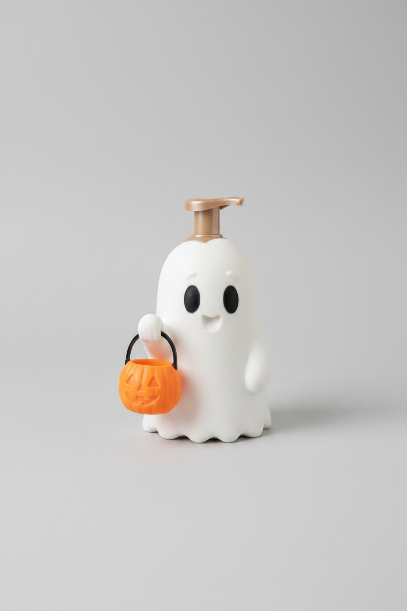 Pumpkin Pail Ghost Soap Dispenser Holder — a white ghost-shaped holder with a simple face carrying an orange pumpkin pail, on a soft light-gray studio background.