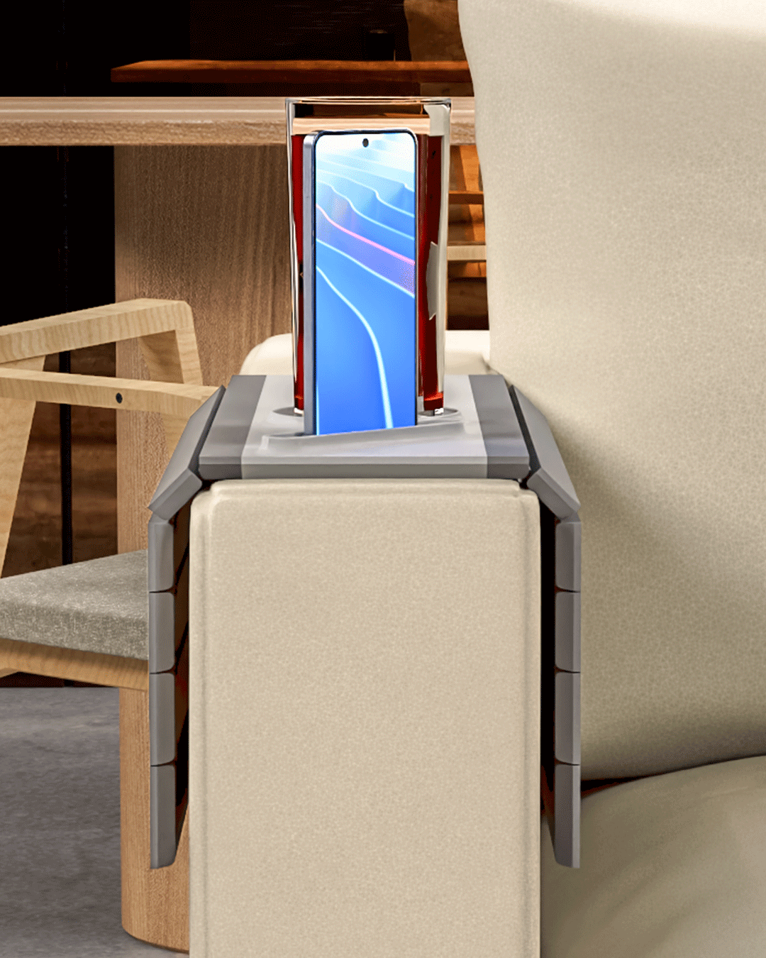 Quick Rest Modular Sofa Side Table — the tray on a cream sofa arm with a phone standing upright in its slot.