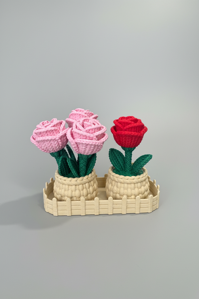 Rose Planter & Tray Set — four crocheted roses in cream-colored pots arranged on a matching rectangular tray, three light pink with green stems and one red with green stems, on a soft light-gray studio background.