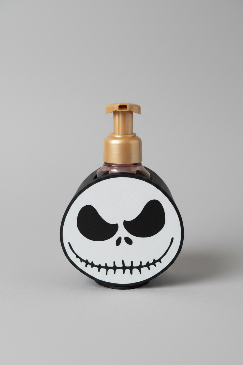 Skeleton Face Soap Dispenser Holder — a round black and white holder with a printed face design, sized for a foaming soap bottle, on a soft light-gray studio background.