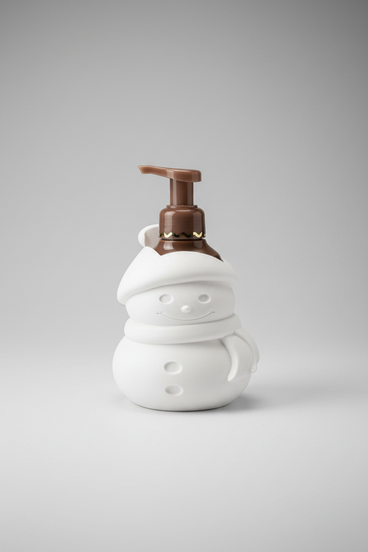 Snowman Soap Dispenser Holder — a white snowman-shaped soap dispenser with a brown pump, on a soft light-gray studio background.