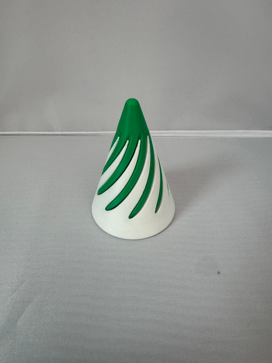 Spiral Pass-Through Fidget — a cone-shaped fidget in white and green with spiral cut-out channels, standing on a white surface.