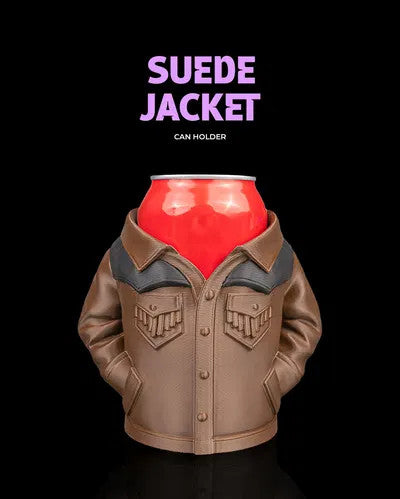 Suede Jacket Can Holder — a tan western-style jacket can sleeve with a contrasting yoke, snap front and chest pockets, holding a red can.