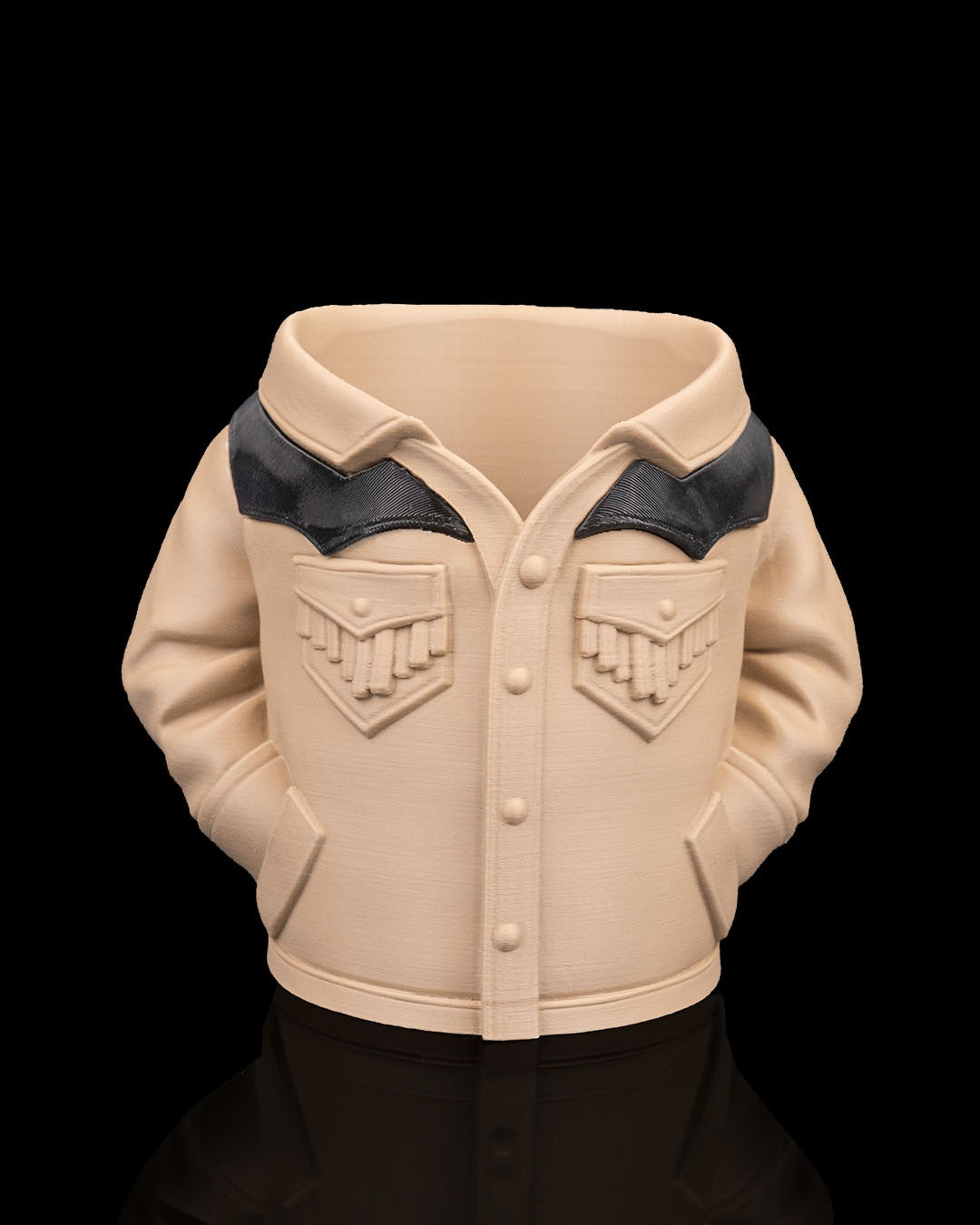 Suede Jacket Can Holder in cream — a cream jacket can sleeve with a dark yoke, collar, snap front and chest pockets.