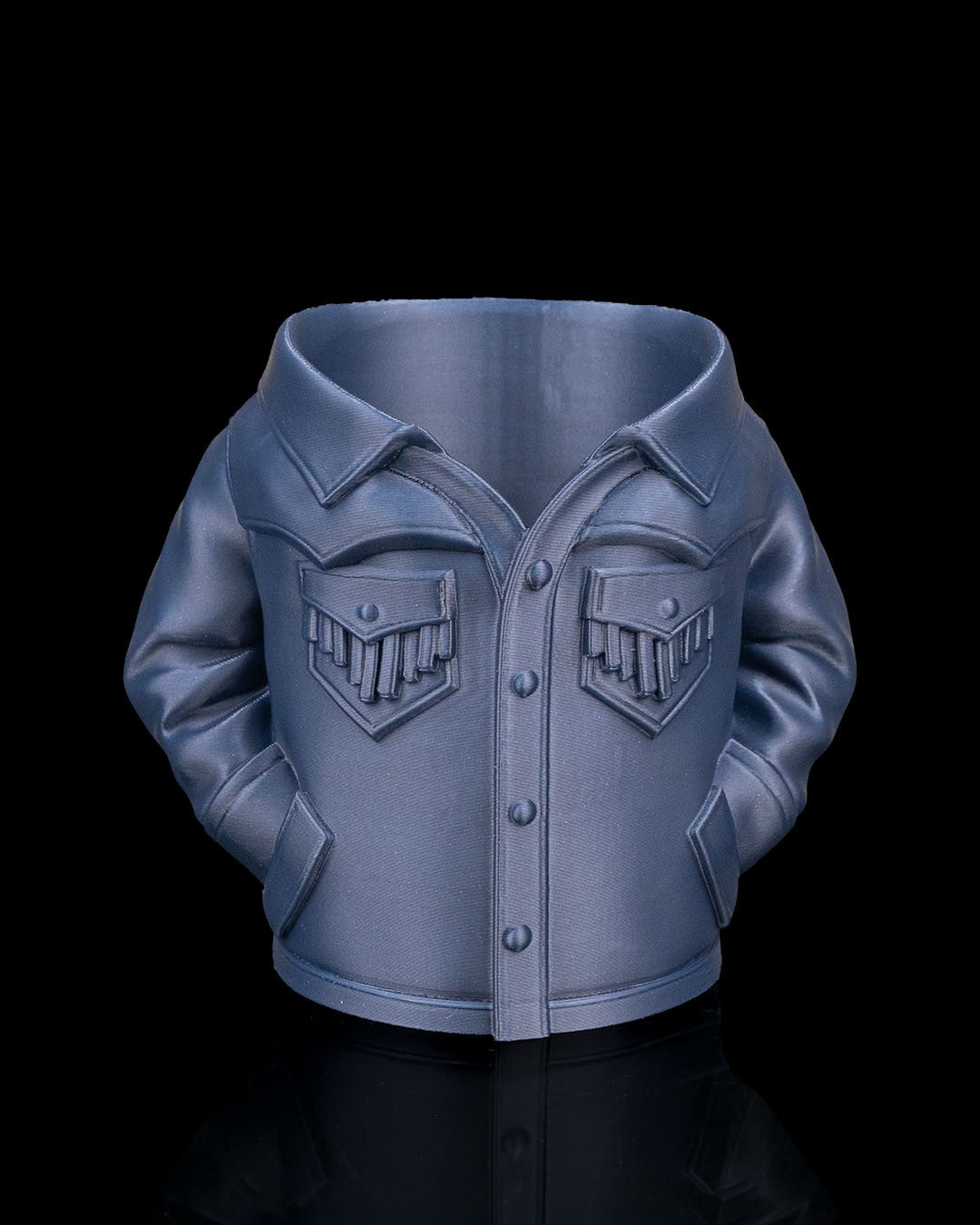 Suede Jacket Can Holder in blue — a slate blue western jacket can sleeve with a snap front and chest pockets.